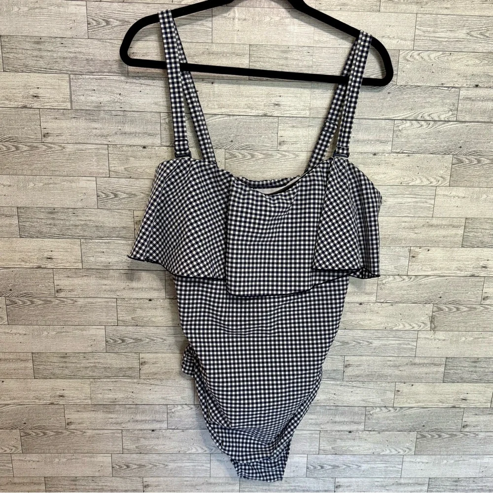 Kona‎ Sol Ruffle Seersucker Swimsuit Woman Plus 20W Removable Strap Blue Gingham